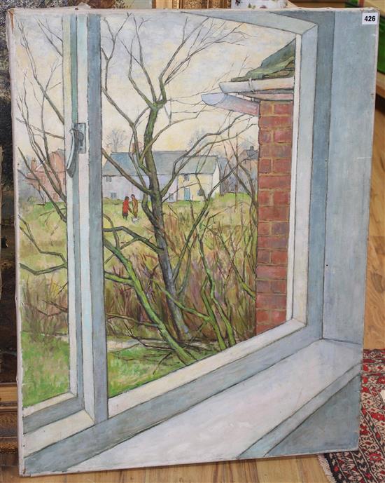Robin Mackertich (1921-1993), oil on canvas, Dog walkers viewed from the window, signed, 91 x 72cm, unframed